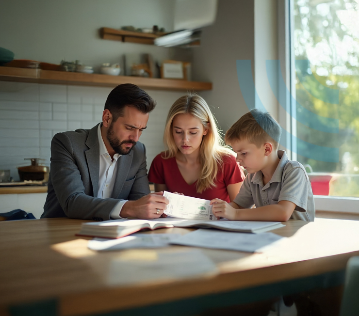 Famille examinant des documents après une réclamation d'assurance